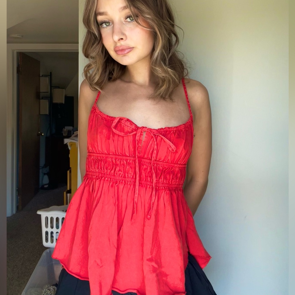 We The Free Vibrant Red Bow Tank Top